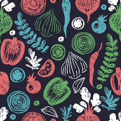Fresh vegetables seamless pattern. Sketchy fun healthy eating background. Vector illustration