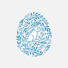 Happy Easter greeting card with cute rabbit and floral elements in the egg shape