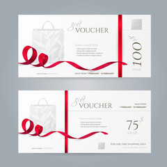 Set of stylish gift vouchers with red ribbons and paper shopping bag. Vector template for gift card, coupon and certificate. Isolated from the background.