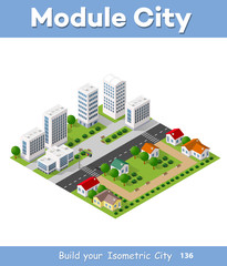 Isometric urban set of the city infrastructure town, street modern, real structure, architecture 3d elements different buildings