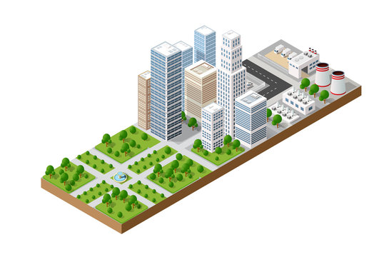 Isometric urban megalopolis top view of the city infrastructure town, street modern, real structure, architecture 3d elements different buildings