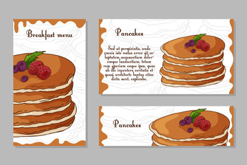 Template with hand drawn sketch bakery. Can be used as corporate identity style for cafe or restaurant. Vector illustration. Dessert cards with sweet bakery.