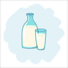 Bottle and glass with milk, drawn in cartoon style. Vector illustration.