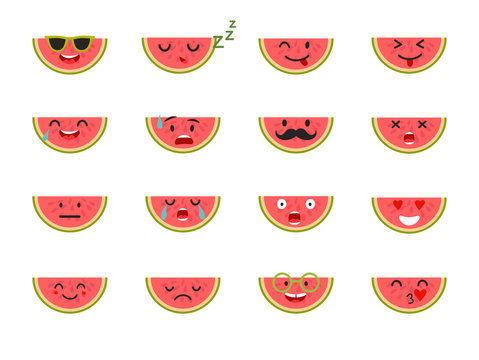 Watermelon with face. Emoticons fruit vector set. Cute emoji colorfull illustration. Watermelon, flat cartoon style