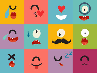 Emoticons vector pattern. Emoji cute cyclops square icons. Cute emoji colorfull illustration. Monsters, flat cartoon style. Face funny halloween backgound