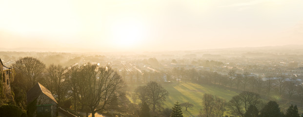 Panoramic misty view of Clitheroe sunset from the Castle