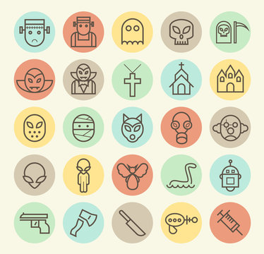 Set of Isolated Universal Minimal Simple Thin Line Monsters Icons on Circular Color Buttons