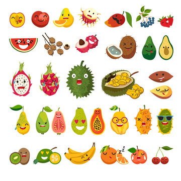 Emoji of exotic fruits vector set. Cute funny stickers, juicy and ripe fruit. Emoji flat cartoon fruit. Litchi, jackfruit, rambutan and dragon fruit. Isolated illustration on white background