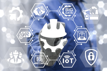 Development industry 4.0 concept. Worker touched helmet gear icon on virtual screen. Security...