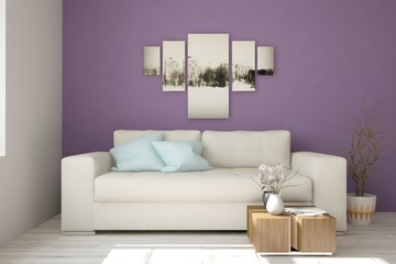 Violet room with sofa. Scandinavian interior design