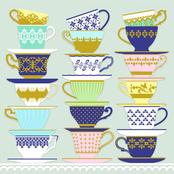 Three piles of cups and saucers with different decorations and shapes