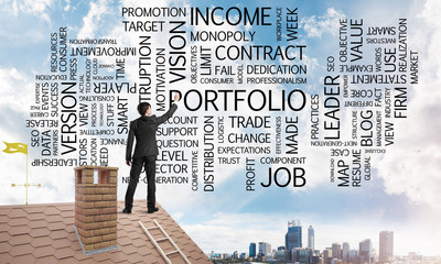 Young businessman standing on house roof and writing leadership skill concept. Mixed media
