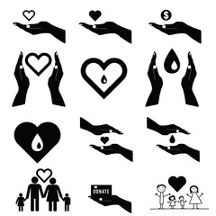 donate set symbol in black and white color illustration