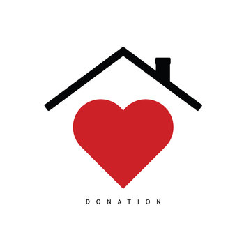 donate symbol with red heart and roof illustration