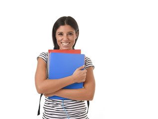  trendy latin student girl holding notepad folder and book carrying backpack smiling happy