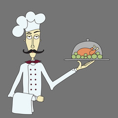 Chef in uniform with a mustache, with tray of food, in chef's hat