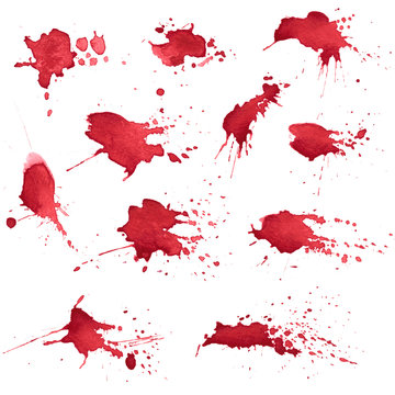 Set of bloody red watercolor blots, splashes, spray texture isolated on white background. Collection of acrylic spots, drops for creative design banner, illustration. Abstract grunge kit.