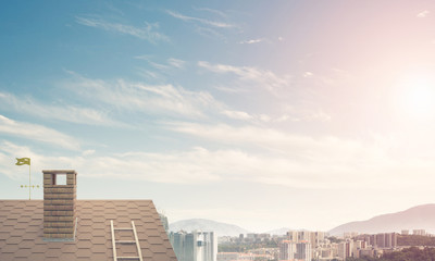 Brick house roof and modern cityscape at background