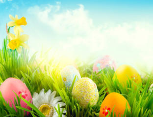 Easter nature spring scene background. Beautiful colorful eggs in spring grass meadow over blue sk