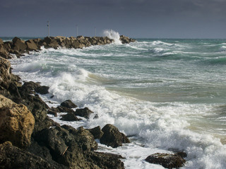Fototapeta na wymiar Waves at the sea at Siculiana Marina, Sicily, Italy