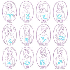 Hand drawn set of 12 zodiac signs for horoscope illustration. Young girls line art portraits.