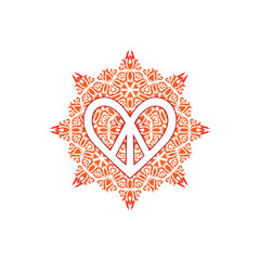 Hippie peace symbol in shape of  heart over ornate mandala
