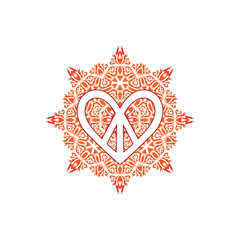 Hippie peace symbol in shape of  heart over ornate mandala