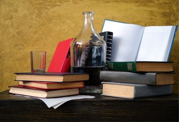 Vintage still life in old style, books