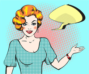 Pop art woman with speech bubble, pin up retro style woman