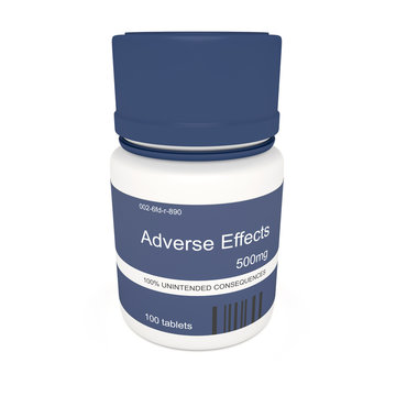 Medicine Concept: Blue Pill Bottle Adverse Effects, 3d Illustration On White Background