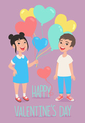 Happy Valentine's Day greetings card design. Cute kids holding a bunch of heart-shaped colorful balloons. 