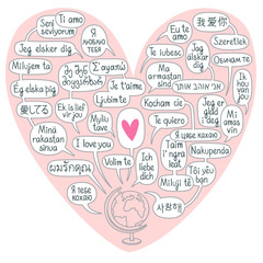 Valentine's Day around the world. Globe with comic bubbles with words 