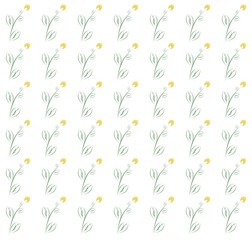 Spring background with yellow flowers with green leaves and stems in a row side by side and one below the other on a white background 