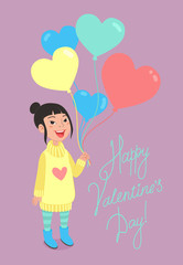 Happy Valentine's Day greetings card design. Little girl holding a bunch of heart-shaped colorful balloons.