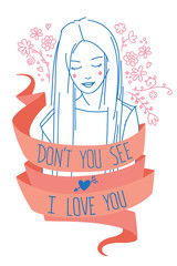 Cute long haired girl's portrait with text 