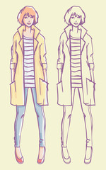 Street style look - yellow raincoat, striped shirt and jeans. Colorful hand drawn illustration and outline sketch
