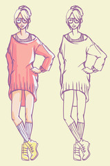 Street style look - baggy knitted dress, socks and boots. Colorful hand drawn illustration and outline sketch