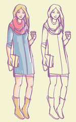 Street style look - young lady wearing dress with scarf. Colorful hand drawn illustration and outline sketch