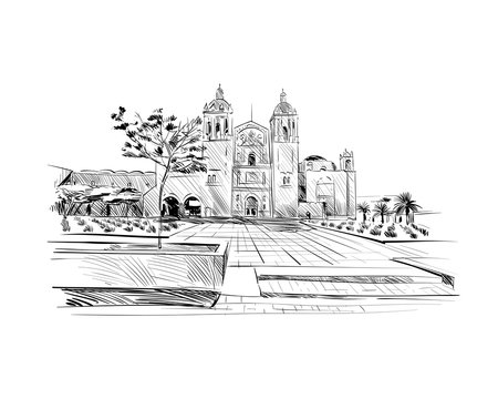 Mexico. Templo de Santo Domingo de Guzman. Hand drawn vector illustration.