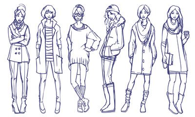 Six different street style looks. Autumn and spring season casual wear. Vector outline freehand sketch.