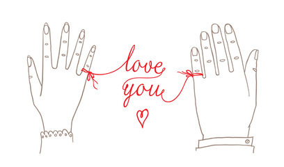 Hand drawn simple Valentine's Day / Wedding card, greetings card, invitation, with male and female hands connected by the red string of fate with words 