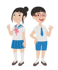 Happy asian girl and boy in school uniform. Cartoon characters.