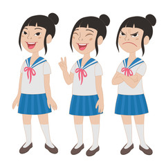Obraz premium Cartoon asian girl in school uniform full body portrait. Set of different standing poses and facial expressions. 