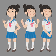 Cartoon asian girl in school uniform full body portrait. Set of different standing poses and facial expressions.  © primiaou