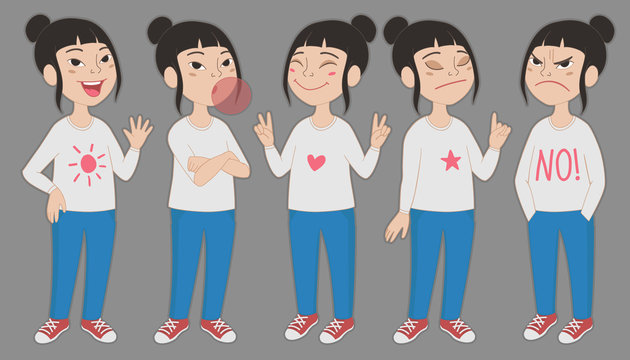 Cartoon school girl character full body portrait. Set of different standing poses and facial expressions. 