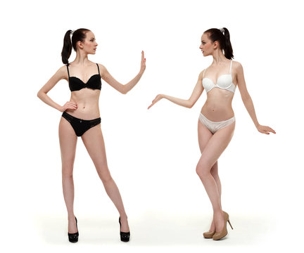 Two beautiful girls in underwear talking emotionally gesticulating hands. A collage of photos of the same model.
