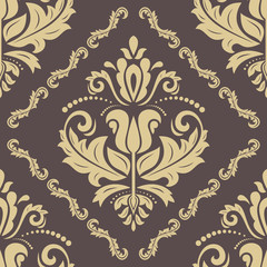 Damask classic pattern. Seamless abstract background with repeating elements. Brown and gold pattern