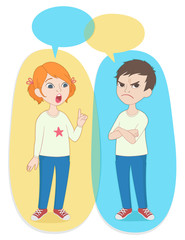 Two cartoon style kids with comics speech bubbles. School girl and boy arguing, discussing or disputing.