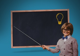 kid and blackboard with lightbulb against a blue background