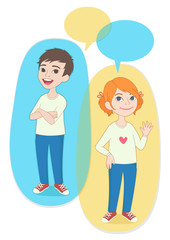 Two cartoon style kids with comics speech bubbles. School girl and boy talking, asking and answering questions, advising, helping.